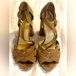 MICHAEL KORS PEEP TOE, BLOCK HEEL, SUEDE, SANDALS, TAN, SZ 10